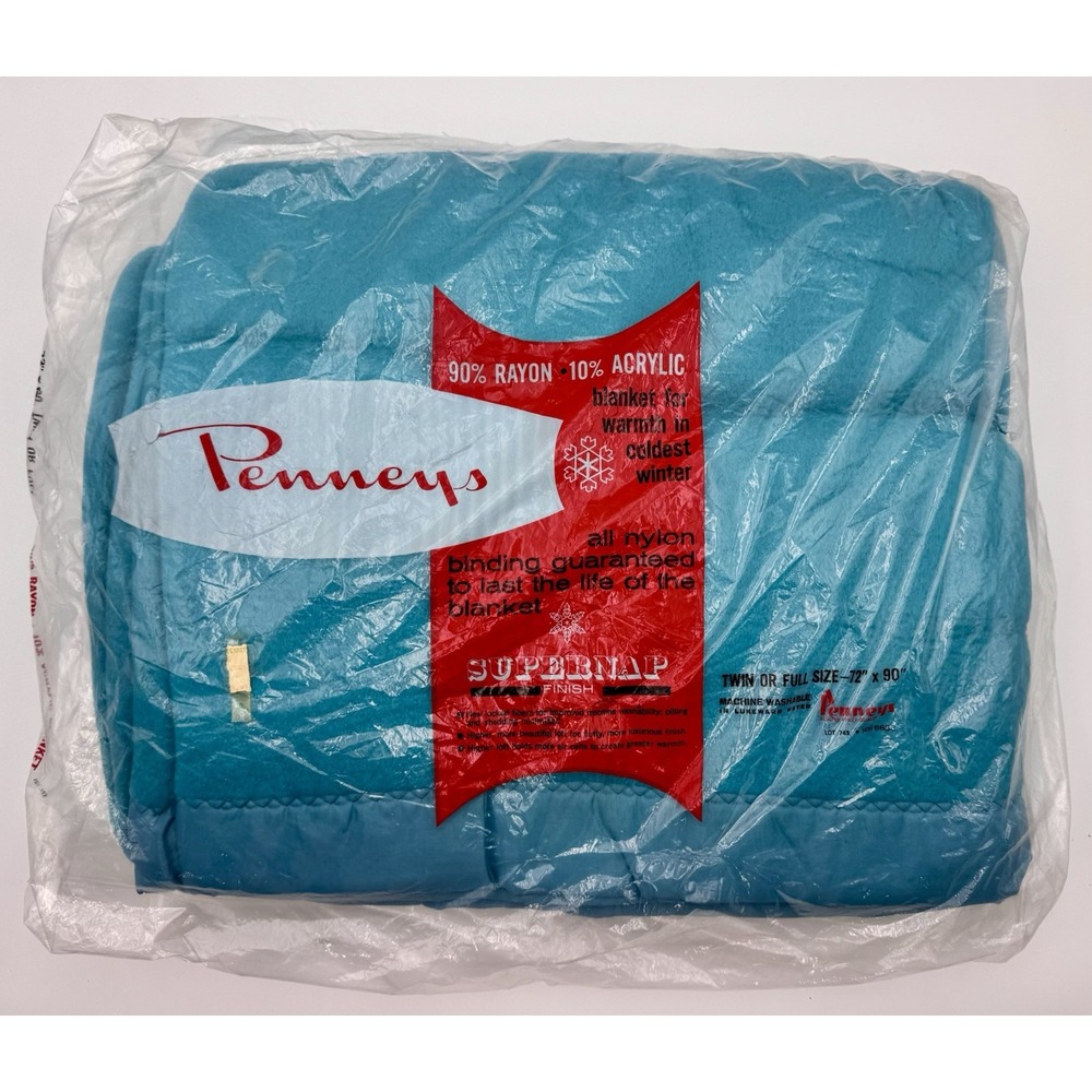 Vintage Penneys Supernap Blanket Twin Full 72x90 Turquoise Aqua Blue NOS Nylon